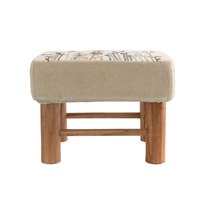 Cotton Upholstered Stool w/ Floral Embroidery