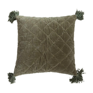 Quilted Velvet Pillow w/ Tassels, Green